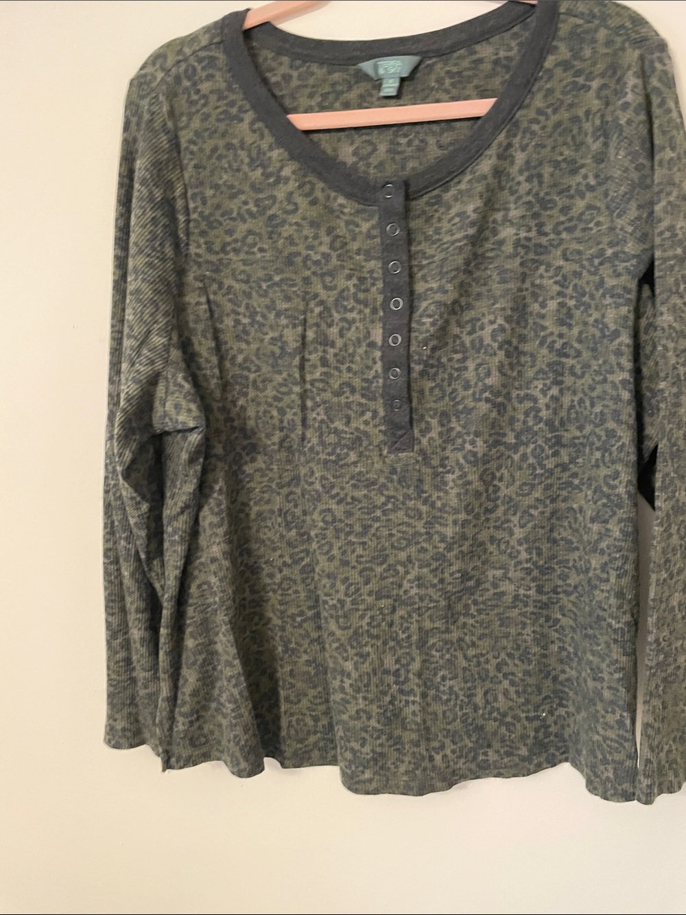 Terra & Sky Olive Green Leopard Henley Long Sleeve Top